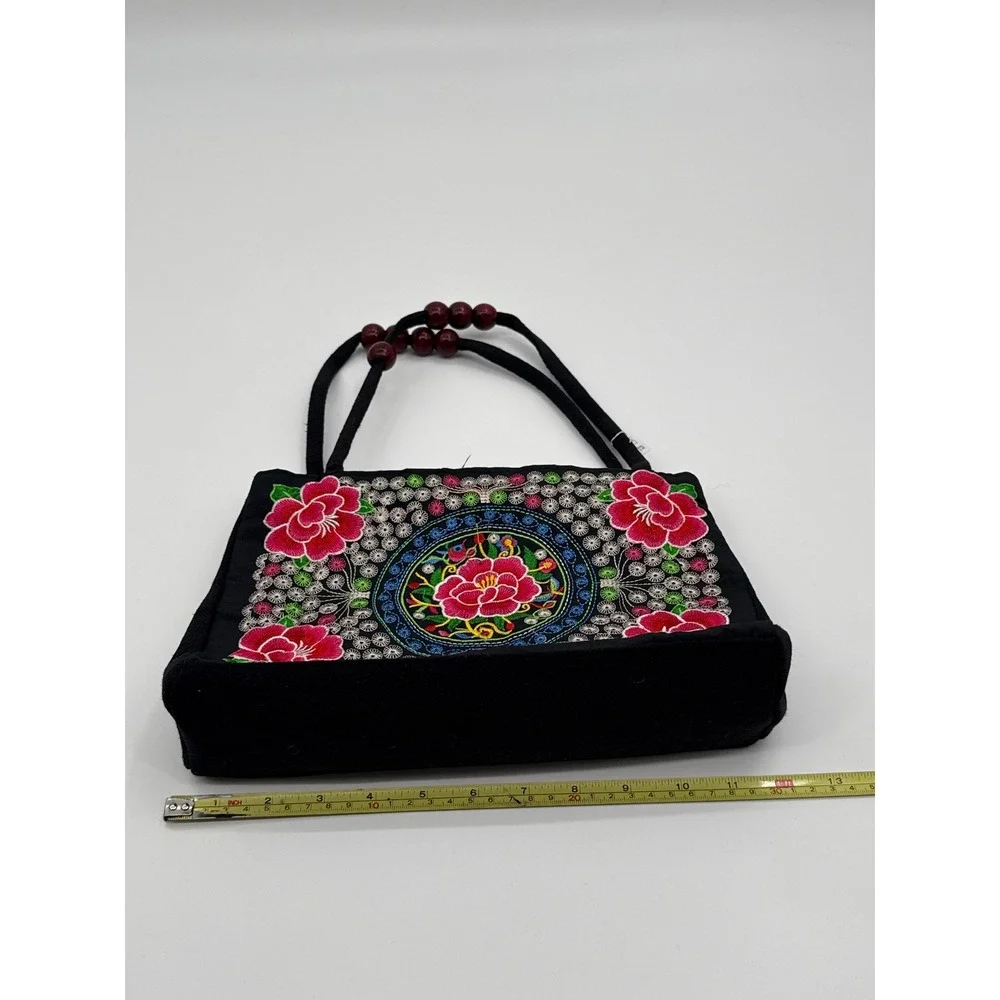 Vintage Style Embroidered Floral Canvas Tote Bag Black Beaded Strap Handbag